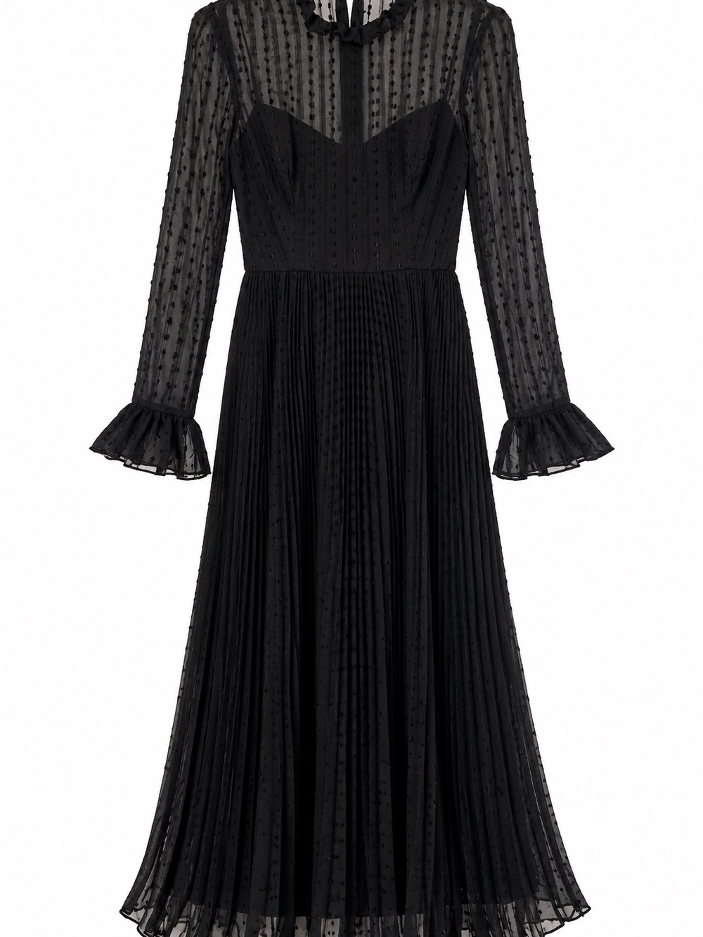 Mac Duggal Black Sheer Swiss Dot Pleated Midi Dress